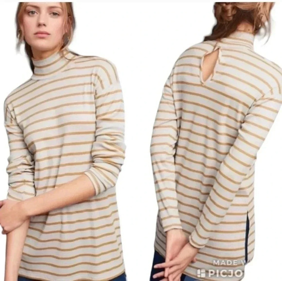 Anthropologie Vanessa Virginia Shimmer Metallic Silver Striped Turtleneck Top(M) - Picture 1 of 12